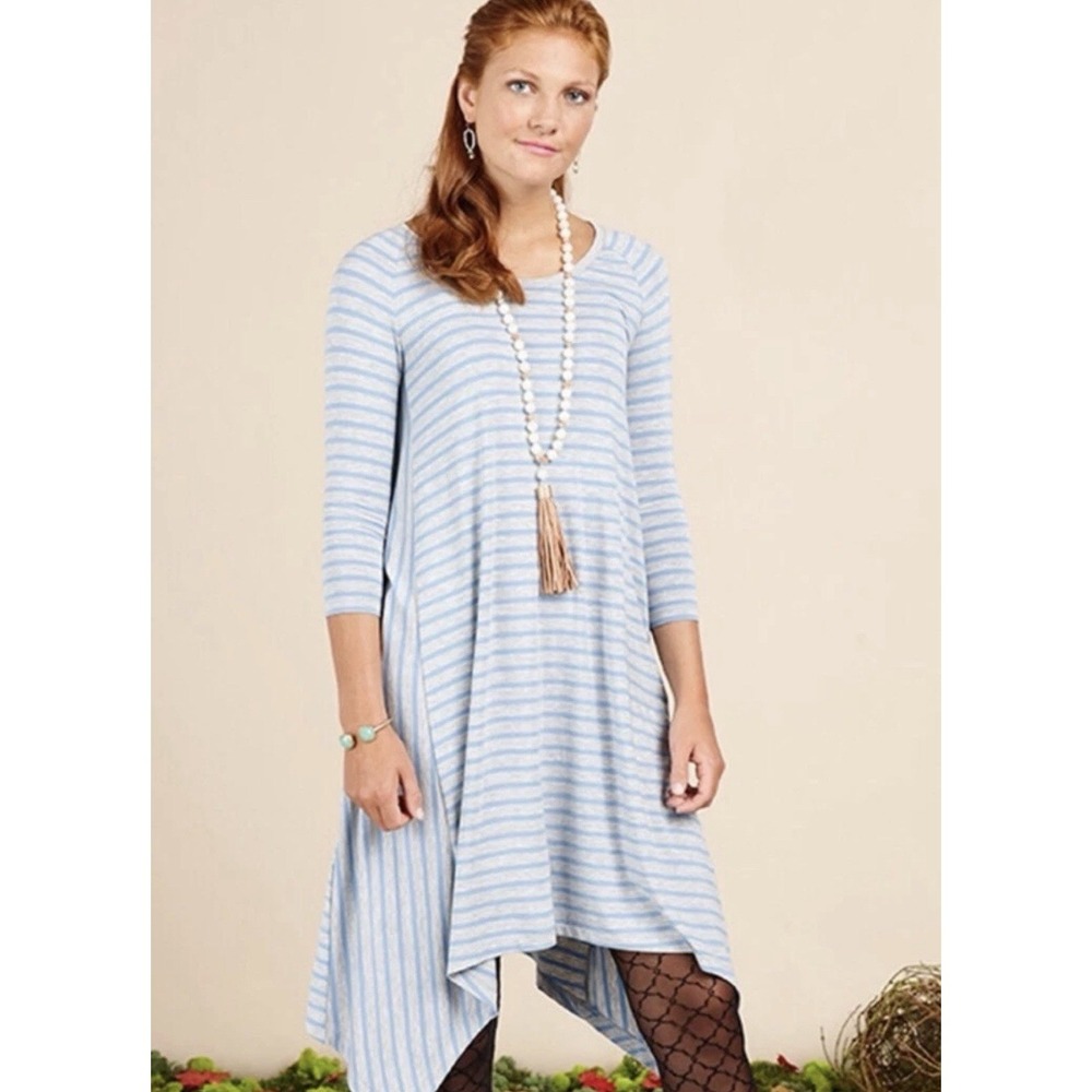 Matilda Jane Her Majesty Dress Tunic Women Blue Gray Stripe Asymmetric Sz Medium
